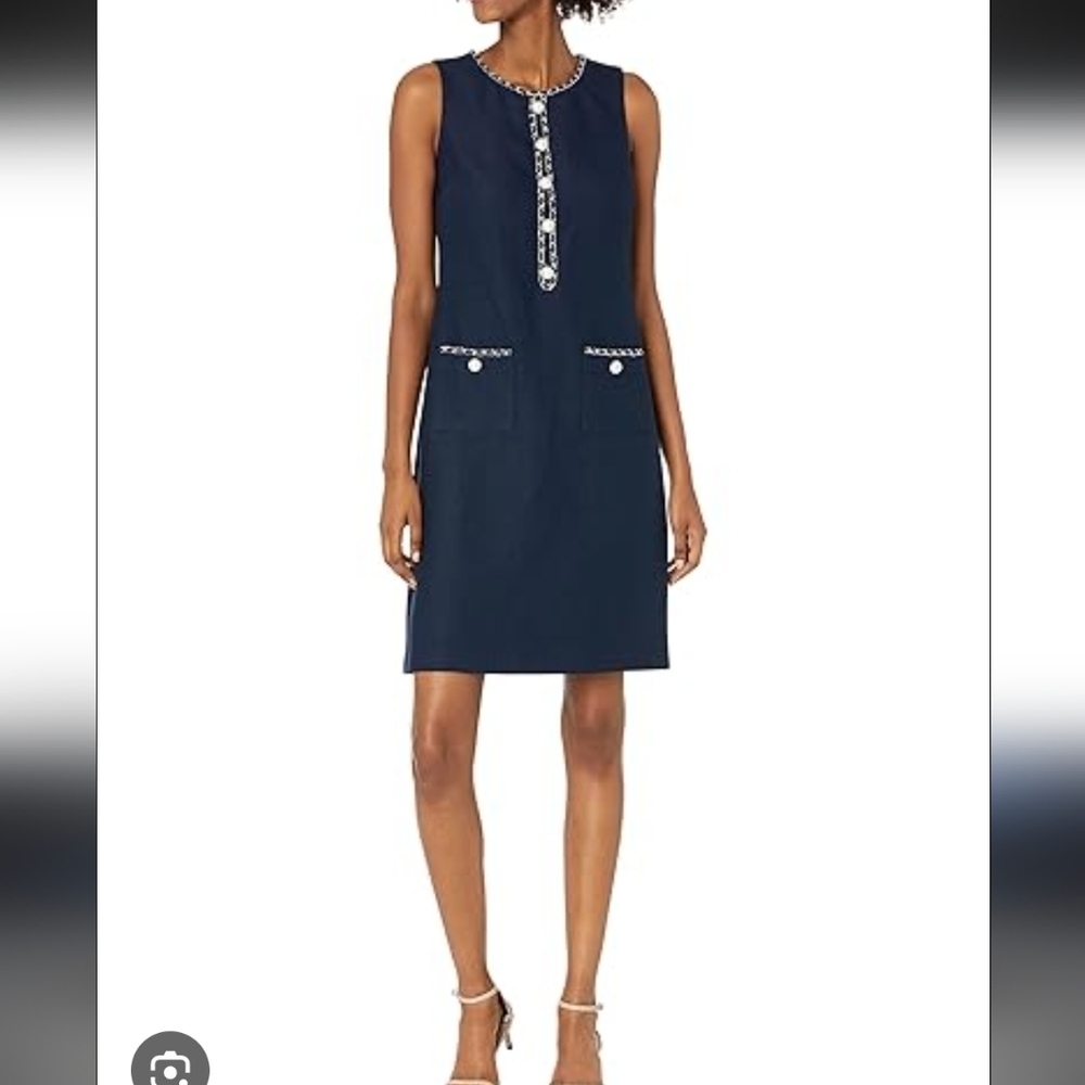 Karl Lagerfeld Elegant Navy Sleeveless Dress Shift Classic Chain Pearls 14 - Picture 4 of 17